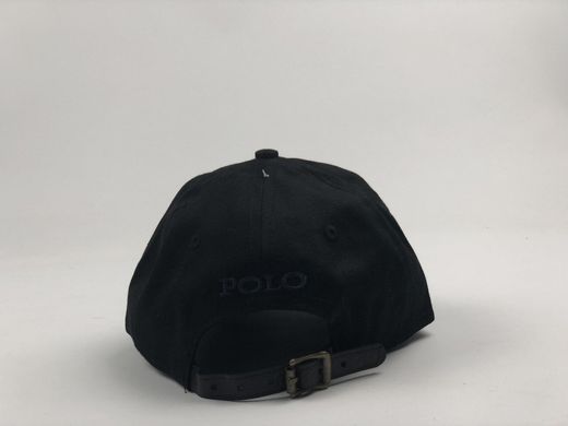 Кепка бейсболка Polo Ralph Lauren (черная с темно-синим лого) с кожаным ремешком