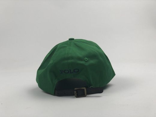 Кепка бейсболка Polo Ralph Lauren (зеленая с темно-синим лого) с кожаным ремешком