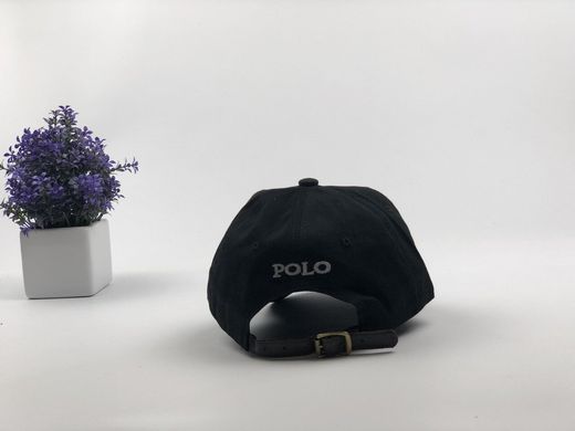 Кепка бейсболка Polo Ralph Lauren (черная с белым лого) с кожаным ремешком