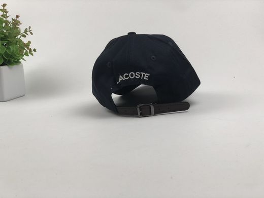 Кепка бейсболка Lacoste кожаный ремешок (Темно-синяя, большое лого)
